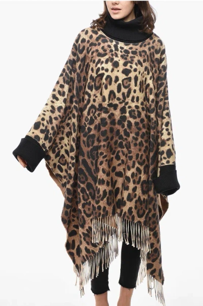 Dolce & Gabbana Animal Patterned Wool Blend Cloak With Cuffs In Brown