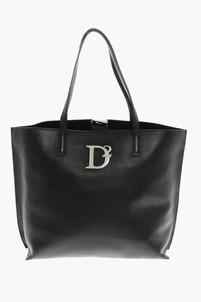 Dsquared2 Leather Tote Bag With Metal Monogrm In Black