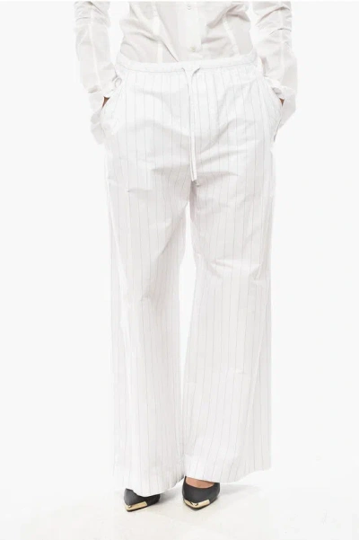 1989 Studio Pinstriped Cotton Straight Fit Pants With Drawstringed Waist In White