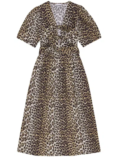 Ganni Leopard Printed Cotton Tie Strap Midi Dress In Brown