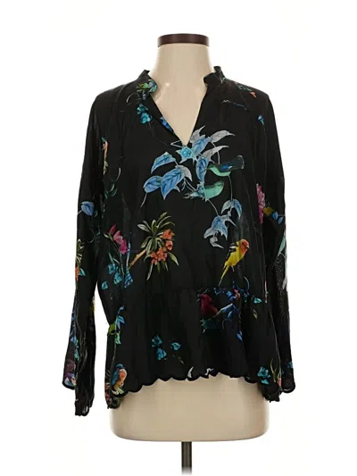 Pre-owned Johnny Was Long Sleeve Silk Top Black Plunge Neckline Tops