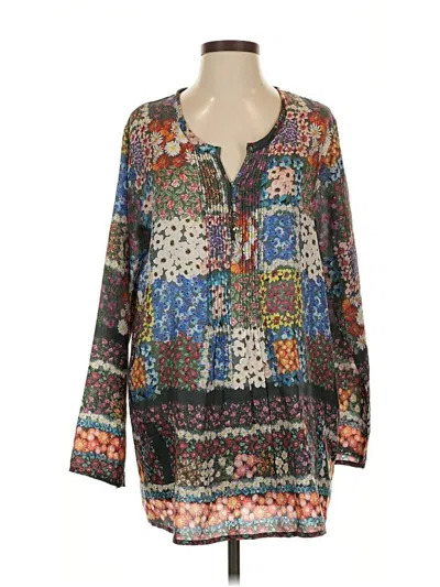 Pre-owned Johnny Was Long Sleeve Silk Top Blue Keyhole Neckline Tops