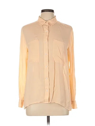 Pre-owned Club Monaco Long Sleeve Silk Top Tan Color Block Pattern Collared Neckline Tops In Brown