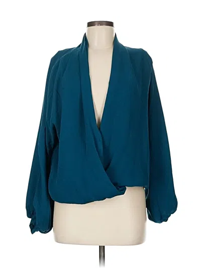 Pre-owned Haute Hippie 3/4 Sleeve Silk Top Teal Plunge Neckline Tops In Blue