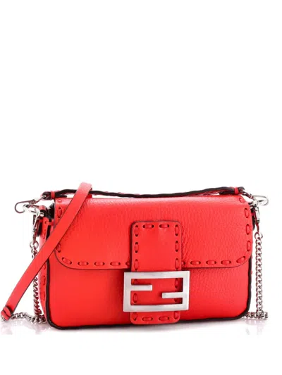 Pre-owned Fendi Selleria Baguette Nm Bag Leather Mini Shoulder Bag In Red