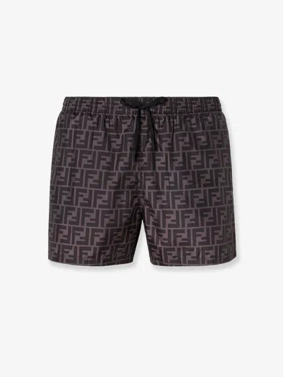 Fendi Tech Fabric With All-over Ff Pattern Swim Shorts In Brown