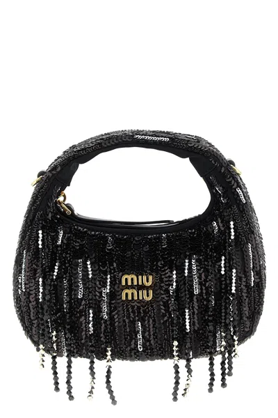 Miu Miu Wander Satin Mini-bag With Crystal And Sequin Fringe In Black