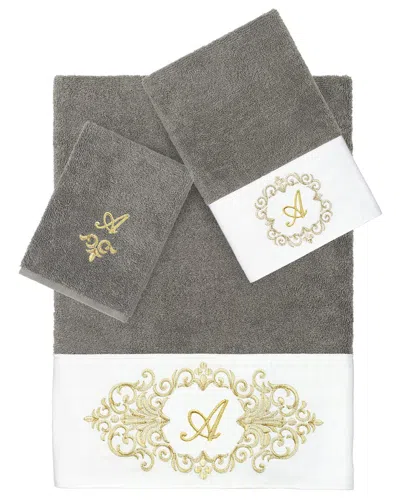 Linum Home Textiles 3pc 100% Turkish Cotton Monogram Embellished Towel Set In Gray