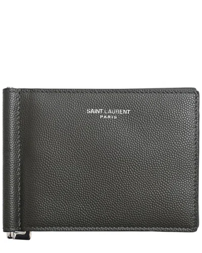 Saint Laurent Black Leather Money Clip Bifold Wallet (authentic Pre-loved) In Brown