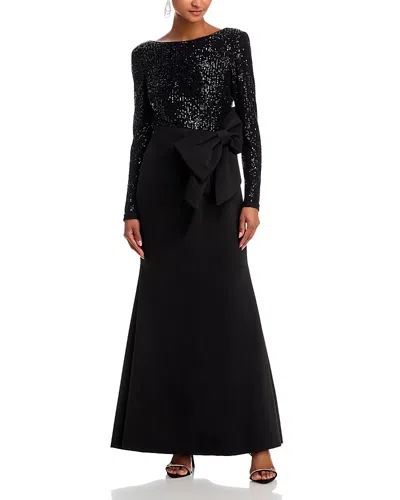 Eliza J Long Sleeved Boat Neck Combo Bow Mermaid Gown In Black