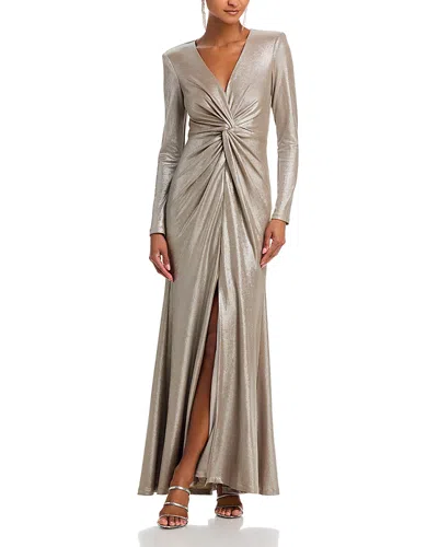 Eliza J Long Sleeved V Neck Twist Waist Mermaid Gown In Gray