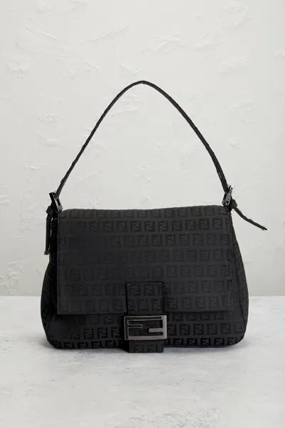 Pre-owned Fendi Zucchino Mama Baguette Shoulder Bag In Black