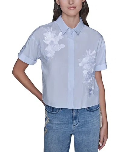 Karl Lagerfeld Stripe Floral Poplin Top In Blue