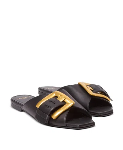 Balmain Anthem Flat Leather Sandals In Black