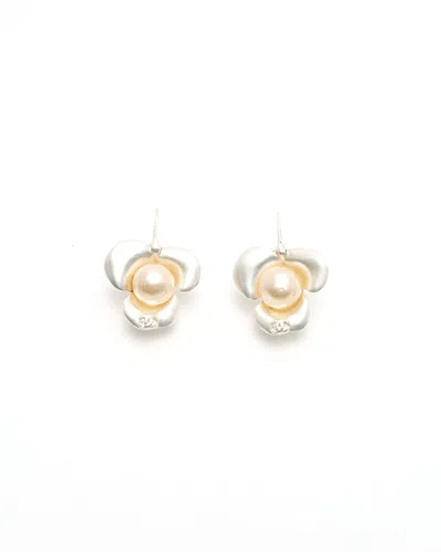 Pre-owned Chanel Camellia Pearl Earrings In White