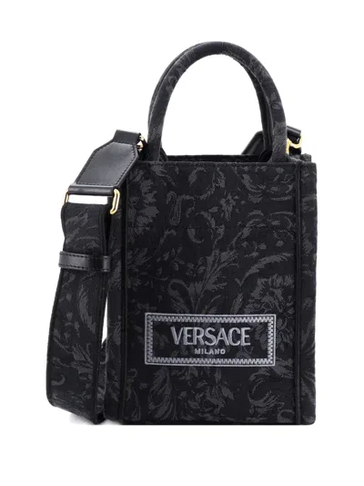 Pre-owned Versace Athena Barocco Jacquard Mini Tote Bag In Black
