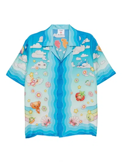 Casablanca Blue Kawaii Motif Short Sleeve Silk Twill Shirt In Blue