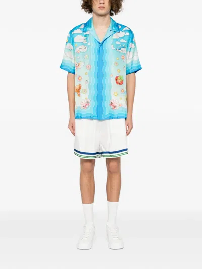 Casablanca Blue Kawaii Motif Short Sleeve Silk Twill Shirt In Blue