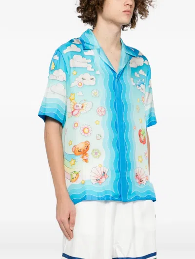 Casablanca Blue Kawaii Motif Short Sleeve Silk Twill Shirt In Blue