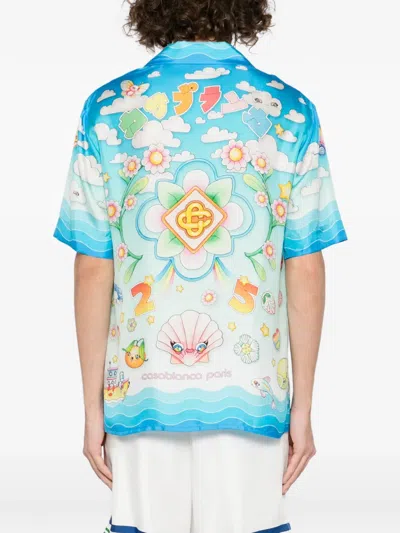 Casablanca Blue Kawaii Motif Short Sleeve Silk Twill Shirt In Blue