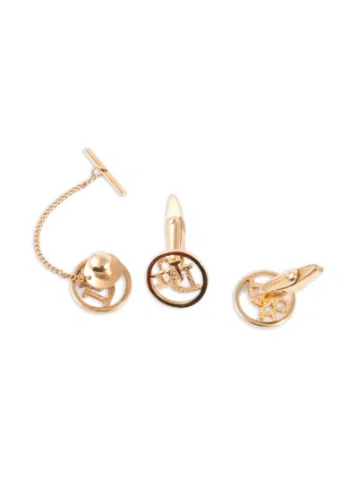 Pre-owned Dior 1990s Logo Cuff-links Tie Tack Pin Set In Gold
