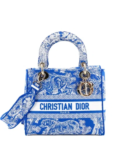 Pre-owned Dior Toile De Jouy Lady D-lite Bag Embroidered Canvas Tote Bag In Blue