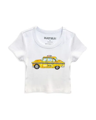 Katiejnyc Girls' Taxi Graphic Tee - Big Kid In White