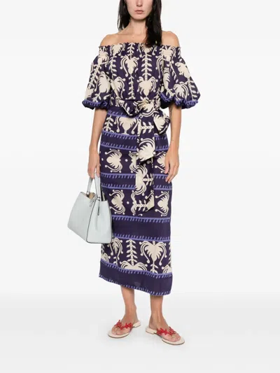 Johanna Ortiz Off-shoulder Patterned Midi Dress In Purple