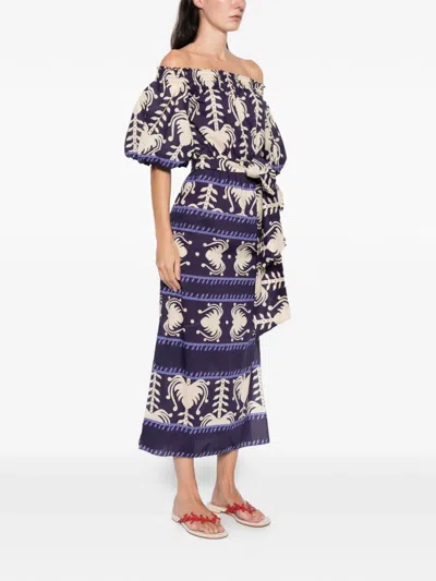 Johanna Ortiz Off-shoulder Patterned Midi Dress In Purple