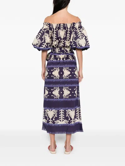 Johanna Ortiz Off-shoulder Patterned Midi Dress In Purple