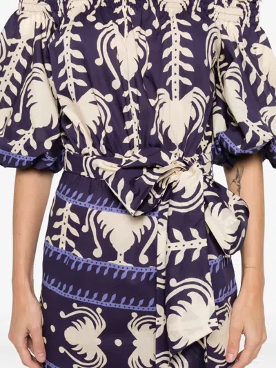 Johanna Ortiz Off-shoulder Patterned Midi Dress In Purple