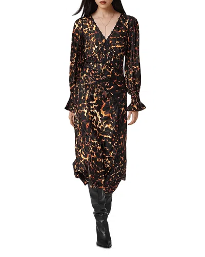 Allsaints Leopard-print V-neck Mid Dress In Multi