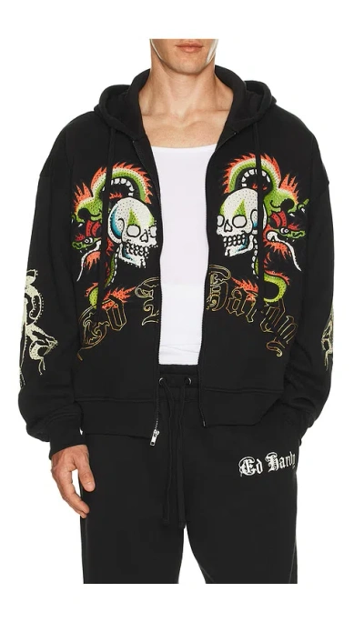 Ed Hardy Dragon Skulls Rhinestone Zip Hoodie In Black