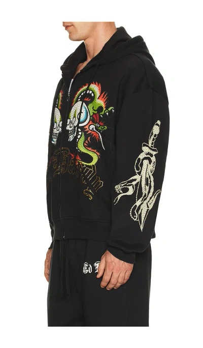 Ed Hardy Dragon Skulls Rhinestone Zip Hoodie In Black