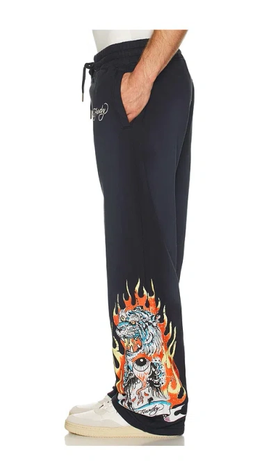 Ed Hardy Tiger Flames Baggy Sweatpant In Blue