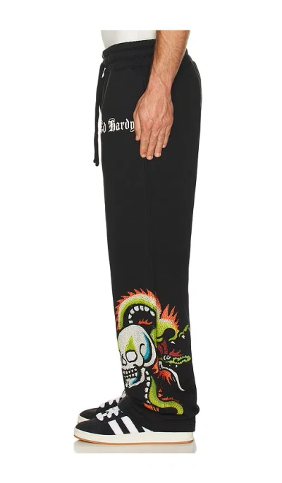 Ed Hardy Dragon Skulls Rhinestone Baggy Sweatpants In Black