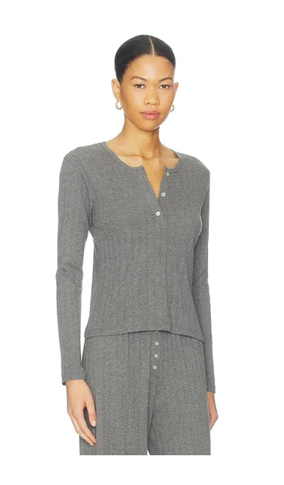 Leset Pointelle Long Sleeve Henley Tee Granite In Gray