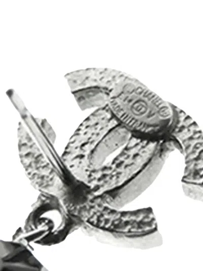 Pre-owned Chanel 2014 Cc Silver Plated Bead Drop Push Back Earrings Costume Earrings In Black