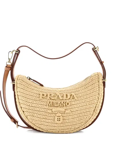 Pre-owned Prada Arque Half Moon Crochet Raffia With Leather Small Hobo Bag In Neutral