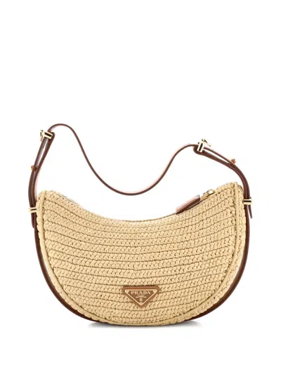 Pre-owned Prada Arque Half Moon Crochet Raffia With Leather Small Hobo Bag In Neutral