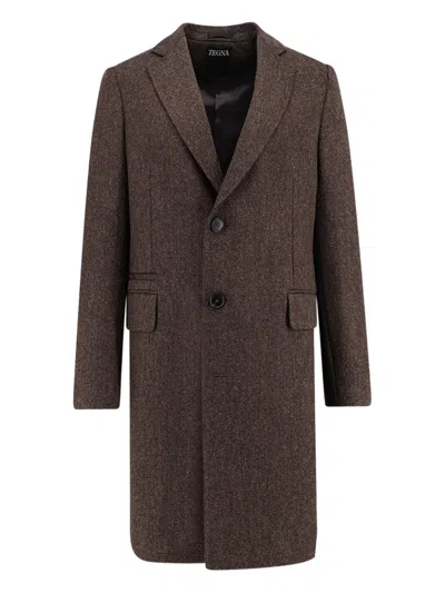 Zegna Long Single-breasted Wool Coat With Flap Pockets In Brown