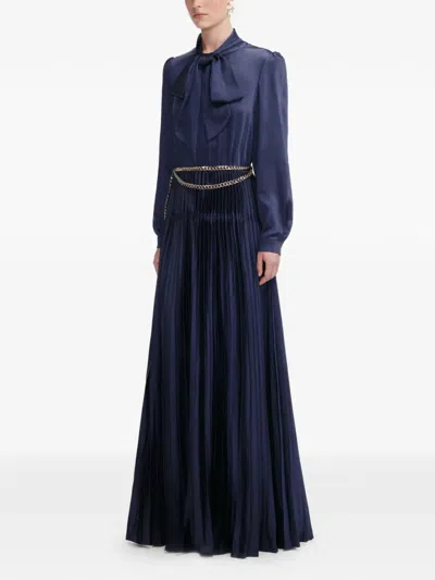 Self-portrait Bow-embellishment Pleated Maxi Dress In Blue