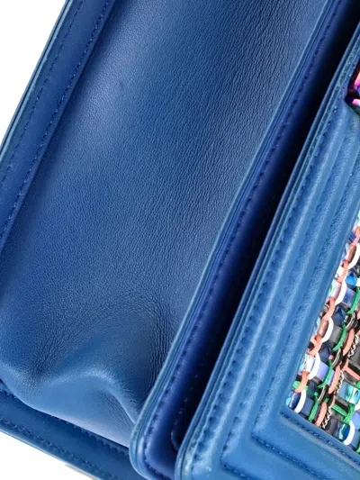 Pre-owned Chanel Boy Flap Bag Woven Pvc With Lambskin Old Medium Shoulder Bag In Blue