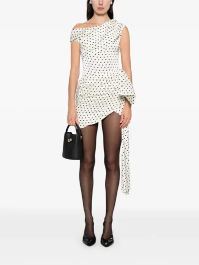 Self-portrait Tie-side Asymmetric Polka-dot Satin-crepe Mini Dress In Neutral