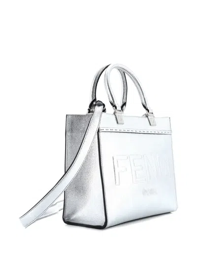 Pre-owned Fendi Sunshine Shopper Leather Small Tote Bag In Silver