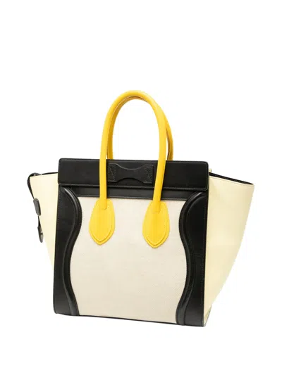 Pre-owned Celine 2015 Micro Tricolor Canvas And Leather Luggage Tote Handbag In Brown