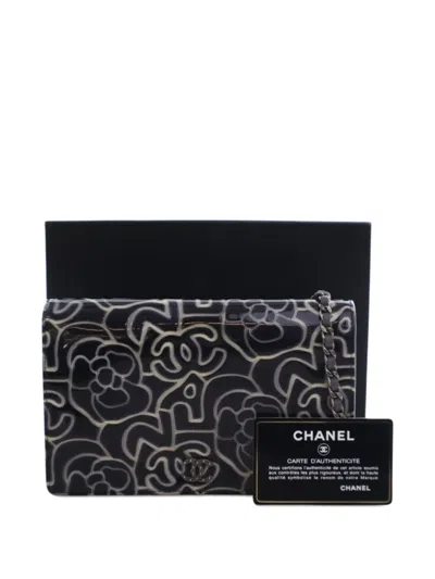 Pre-owned Chanel 2010-2011 Cc Embossed Patent Camellia Wallet On Chain Crossbody Bag In Blue