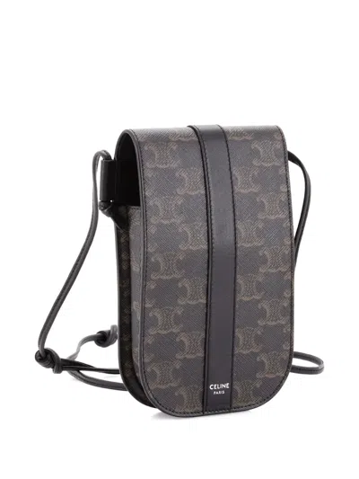 Pre-owned Celine Phone Crossbody Triomphe Coated Canvas With Leather Pouch In Black