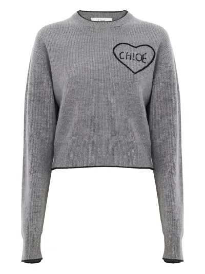 Chloé Cropped Wool Knit Sweater With Logo In Gray