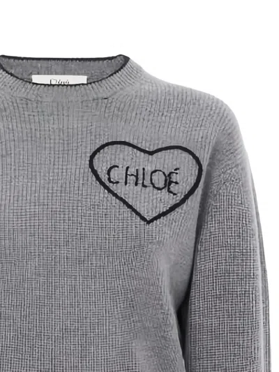 Chloé Cropped Wool Knit Sweater With Logo In Gray